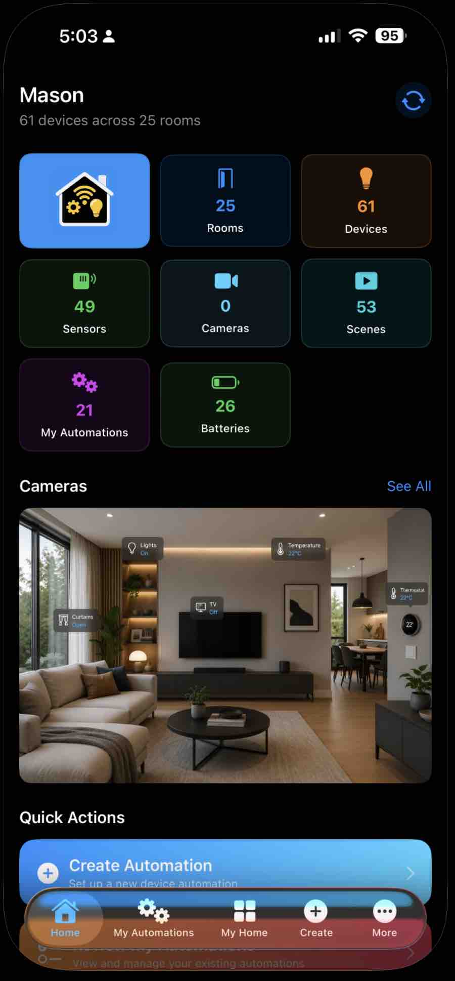 Home dashboard showing 61 devices across 25 rooms with quick actions