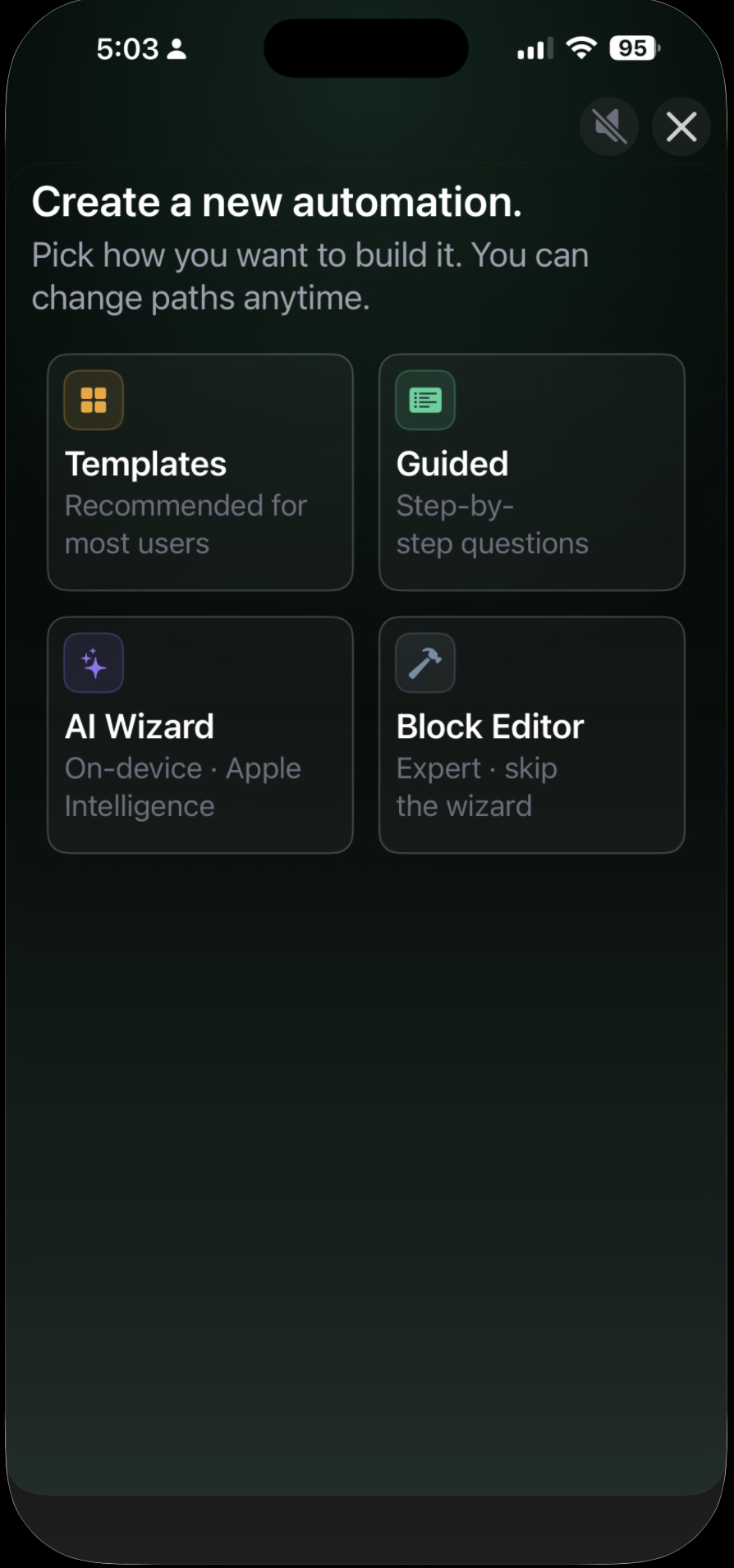 Create a new automation: choose Templates, Guided, AI Wizard, or Block Editor