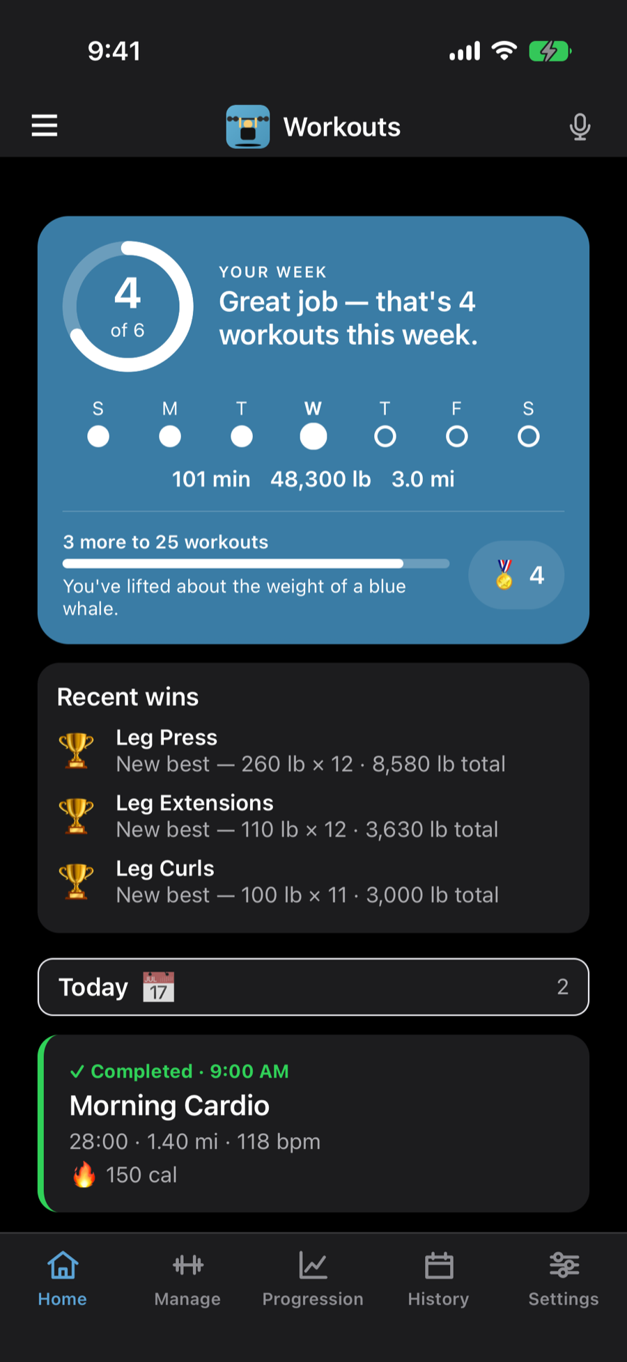 RLSAND FITNESS home screen: your week's progress ring, streak, recent personal bests and badges
