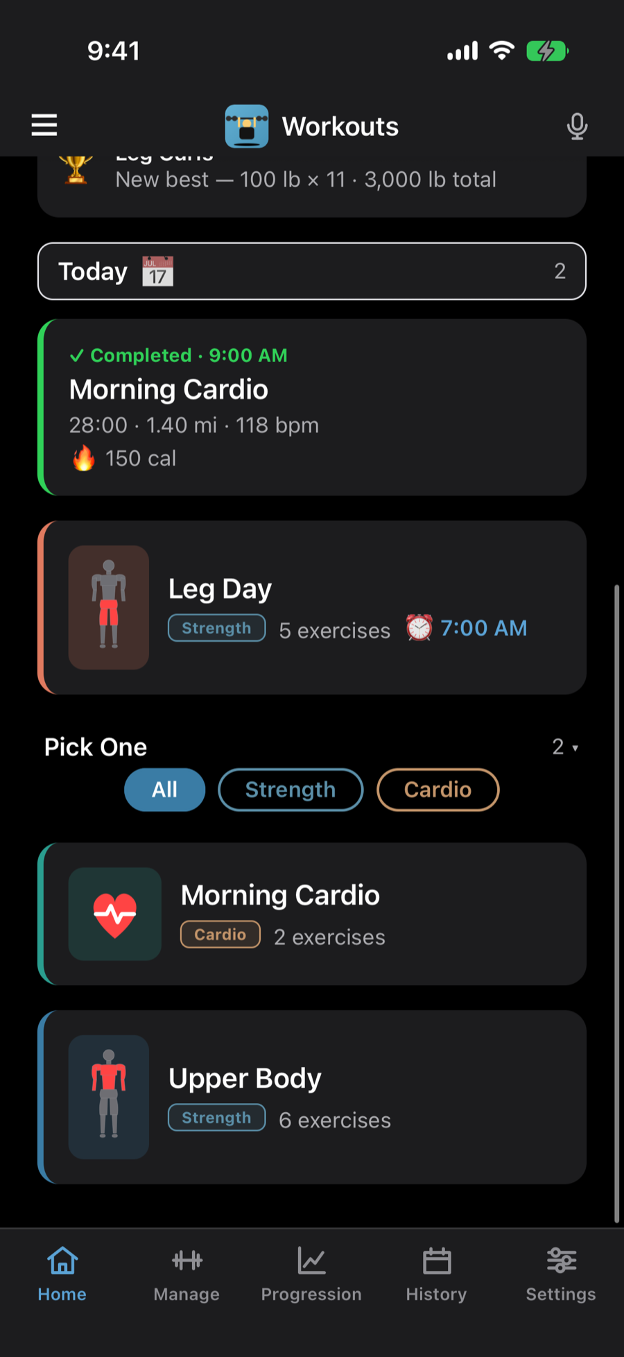Today: a completed Morning Cardio session and Leg Day scheduled for 7:00 AM, above the list of workouts