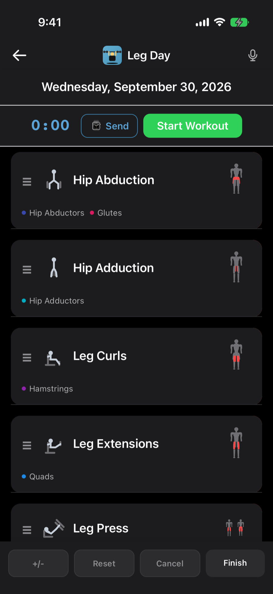 Leg Day ready to start, with its exercises, a Send to watch button and a microphone for voice commands